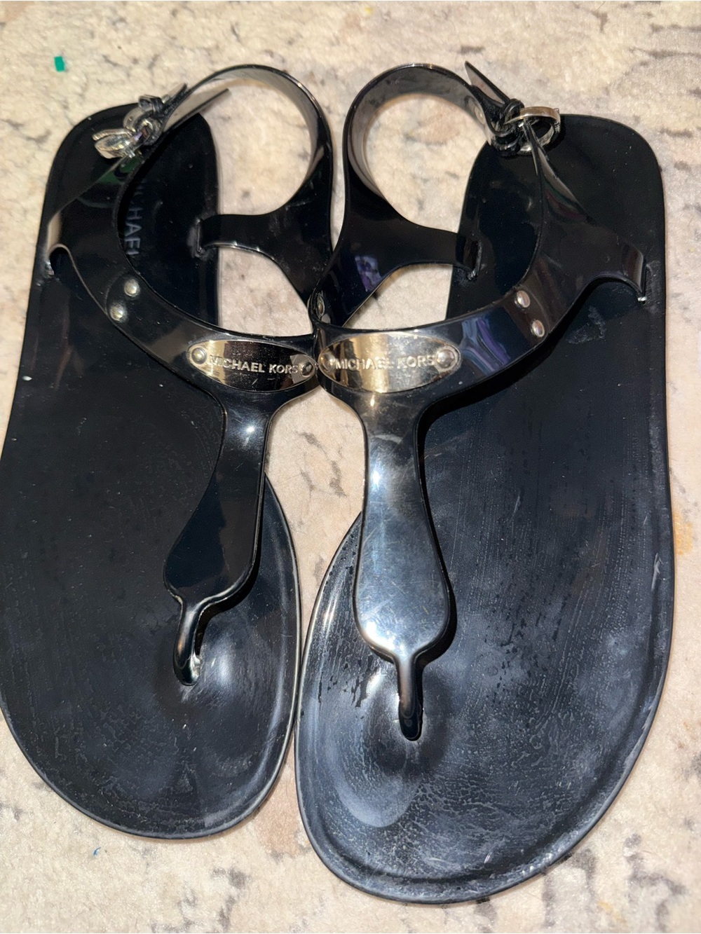 Michael Kors Black Patent Thong Sandals with Gold Logo Plaque